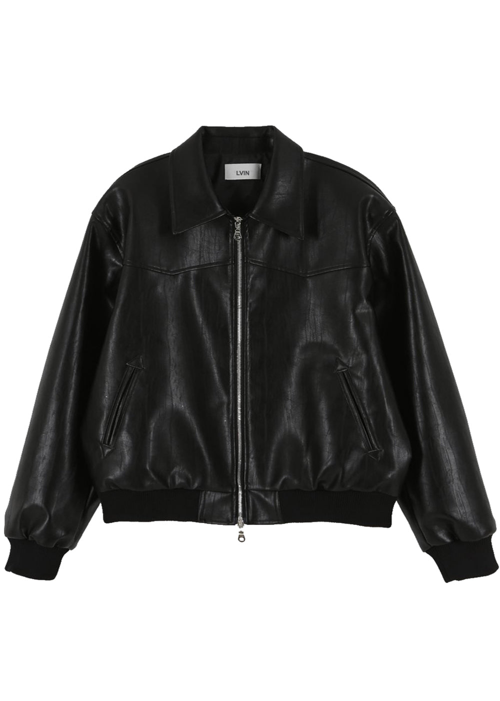 VEGAN LEATHER KNIT BAND JACKET_BLACK
