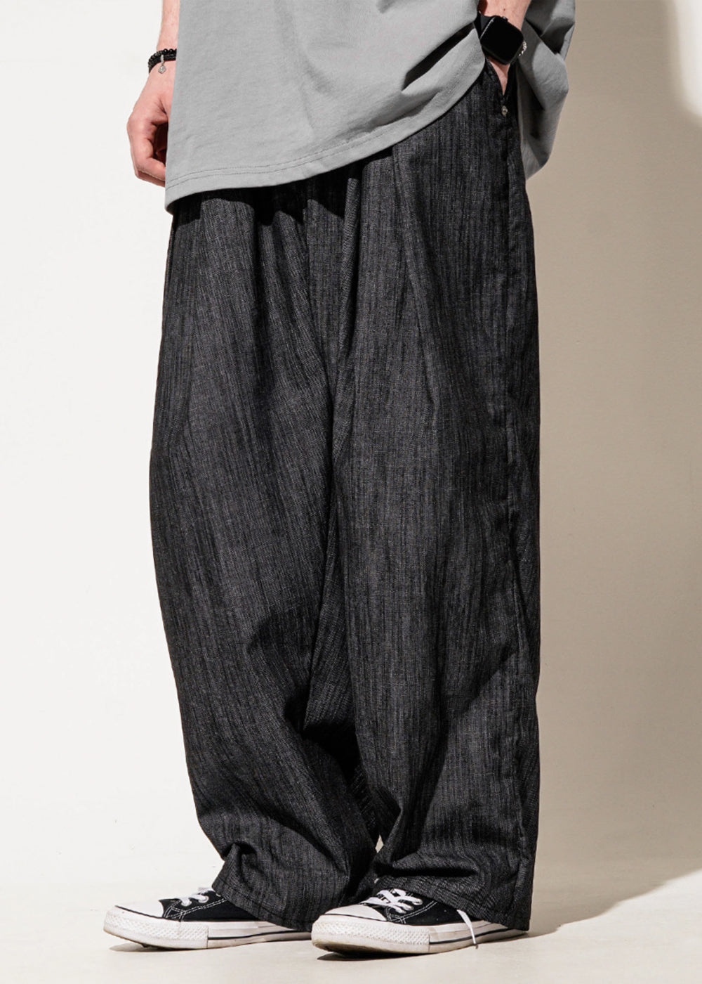 SLUB DENIM PIN TUCKED PANTS_BLACK