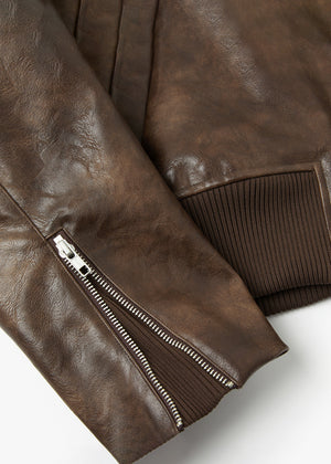 KNIT BAND FAUX LEATHER JACKET_BROWN