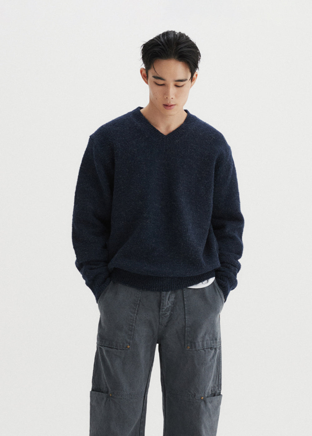 FINE WOOL V NECK SWEATER_NAVY